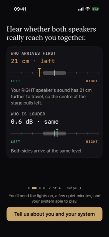 Two meters: who arrives first, 21 cm to the left; who is louder, 0.6 dB, the same.