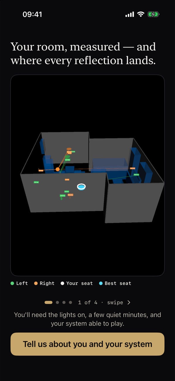 A real living room scanned by Antinodal: walls, furniture, both speakers, the listening seat and the first-reflection points.