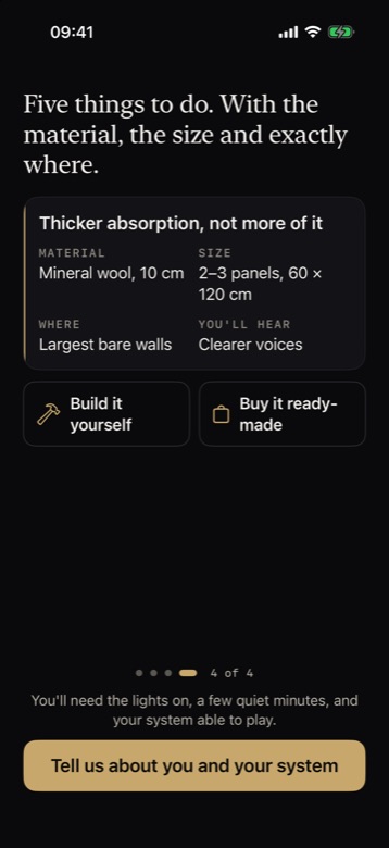 A recommendation: thicker absorption, not more of it — mineral wool, 10 cm; two to three panels of 60 by 120 cm; on the largest bare walls; you'll hear clearer voices. Build it yourself, or buy it ready-made.